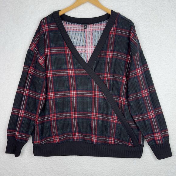 Torrid Plus 1X Plaid Waffle Knit Surplice V-Neck Top Red Black‎ Long Sleeve - Picture 12 of 12